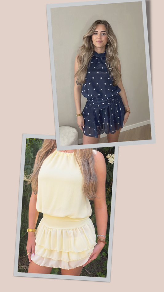 Zomerse jurken met ingebouwd broekje in butter yellow en polka dot blauw van Branlune summer collectie