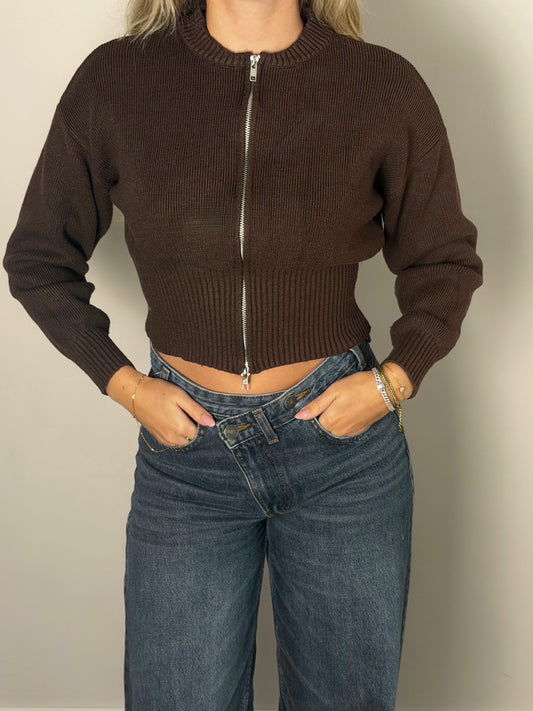 Zip knit cardigan bruin