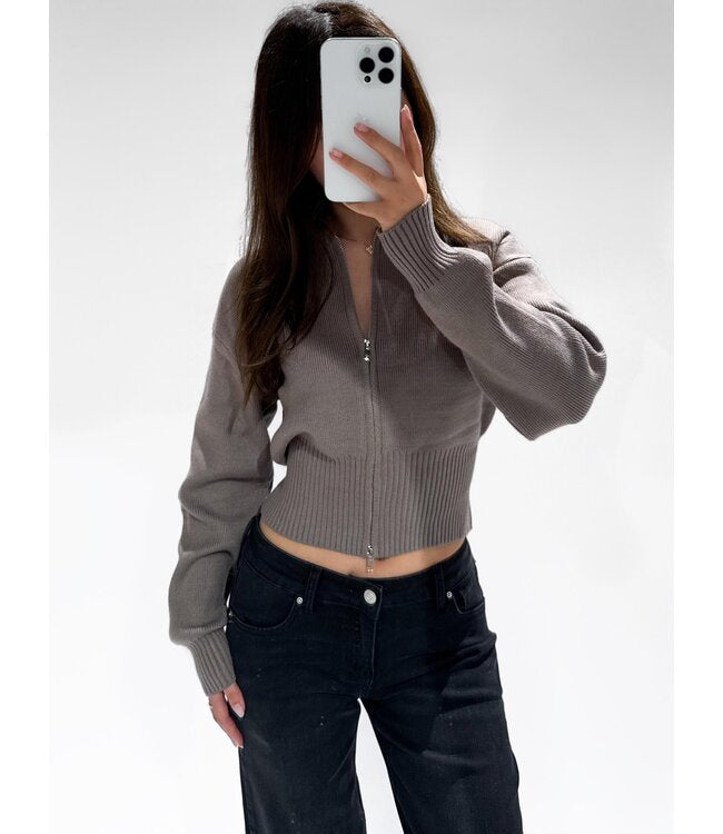 Zip knit cardigan taupe