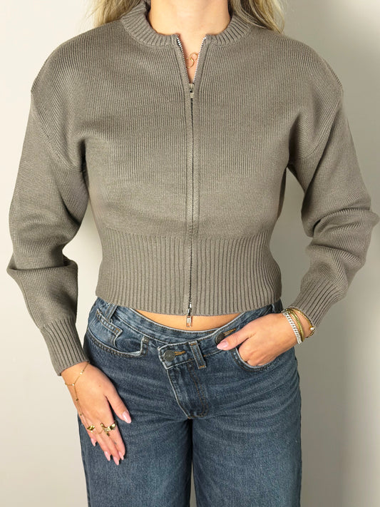 Zip knit cardigan taupe